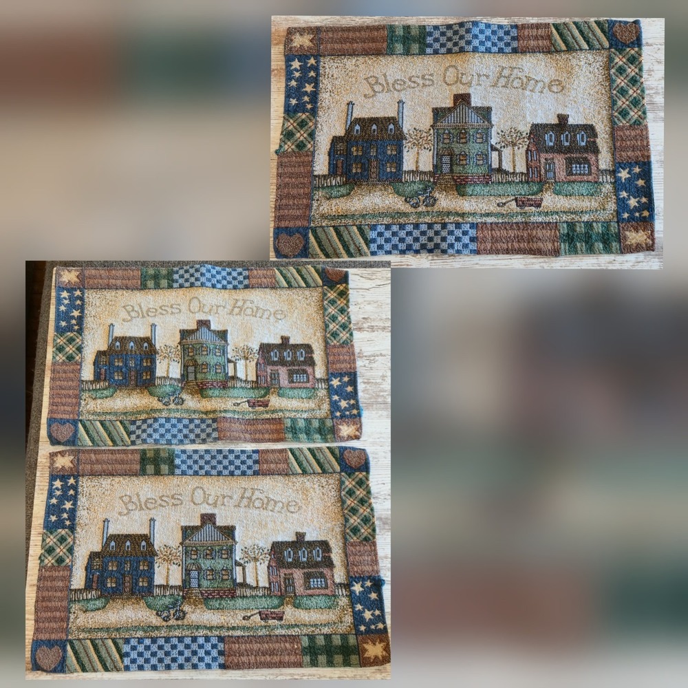 LifeStyles Bless Our Home Tapestry Placemats Set of 3 Folk Art Americana 18x11